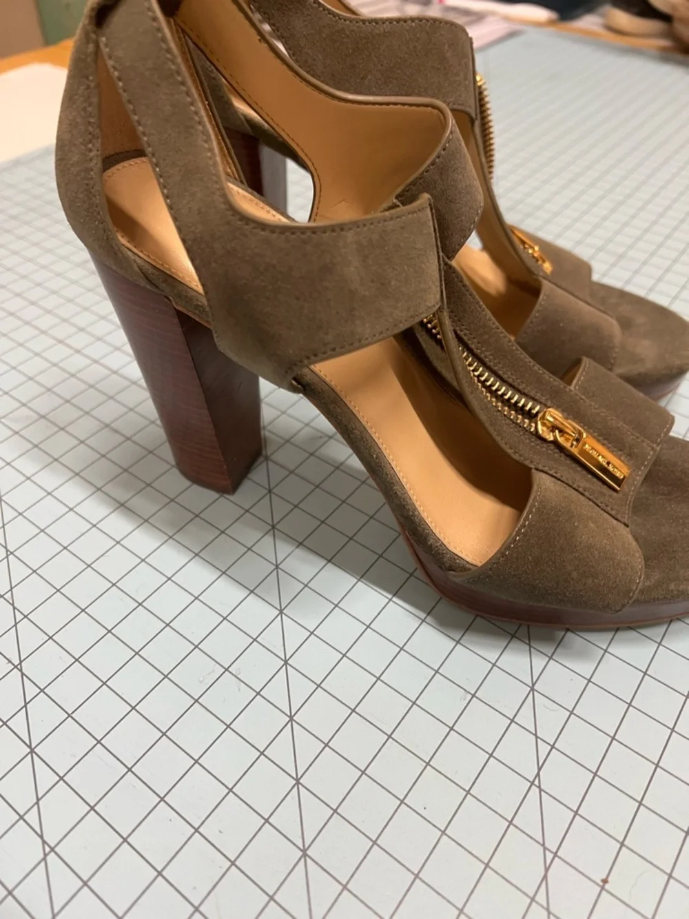 Michael Kors Olive Green Suede Zip-Front Block Heel Sandals - Picture 2 of 6